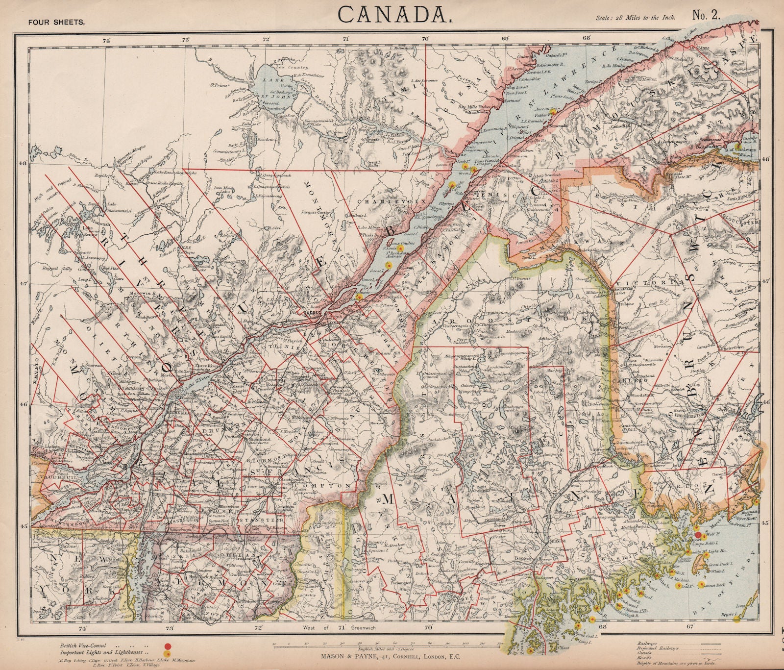 QUEBEC Québec. St Lawrence lighthouses. Maine.New Brunswick.LETTS 1889 old map